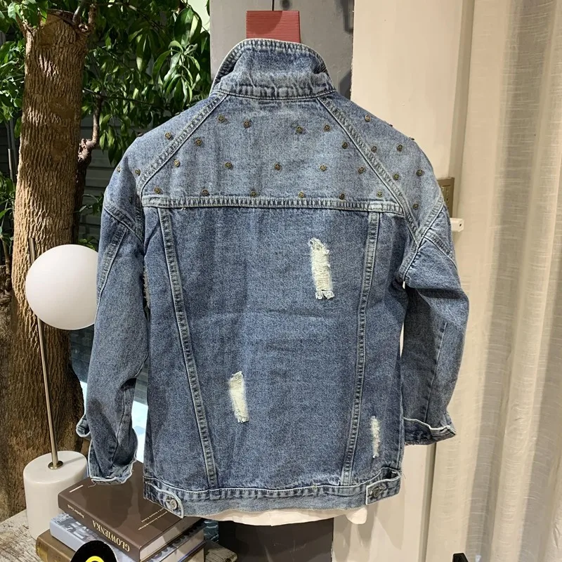 

Spring Autumn Long Sleeve Single Breasted Mens Denim Jackets Korean Rivet Hole Ripped Slim Fit Male Coats Plus Size Streetwear