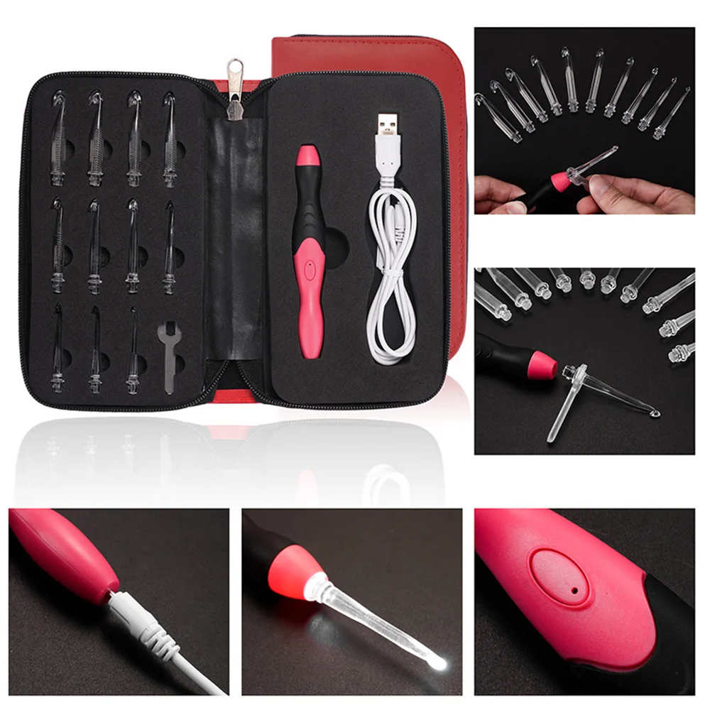 

16/33 Pcs Crochet Hooks Knitting Needles Set With LED Lighted Purple/Red Weave Tool Kit With Soft Grip Handle Sewing Accessories