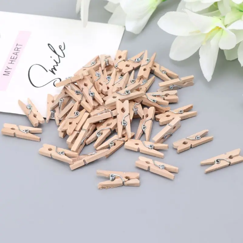 

100Pcs Mini Natural Wooden Clothes Photo Paper Peg Pins Clothespin Craft Clips School Office Stationery 25mm
