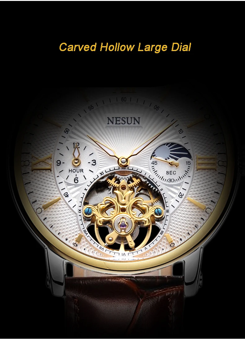 Швейцарские часы Nesun Skeleton Tourbillon для мужчин Топ люксовый бренд автоматические механические мужские часы водонепроницаемые relogio N9091-3