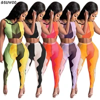 gsuwoo fashion sheer mesh irregular splicing sleeveless 2 piece set women color contrast crop top leggings pants summer outfits