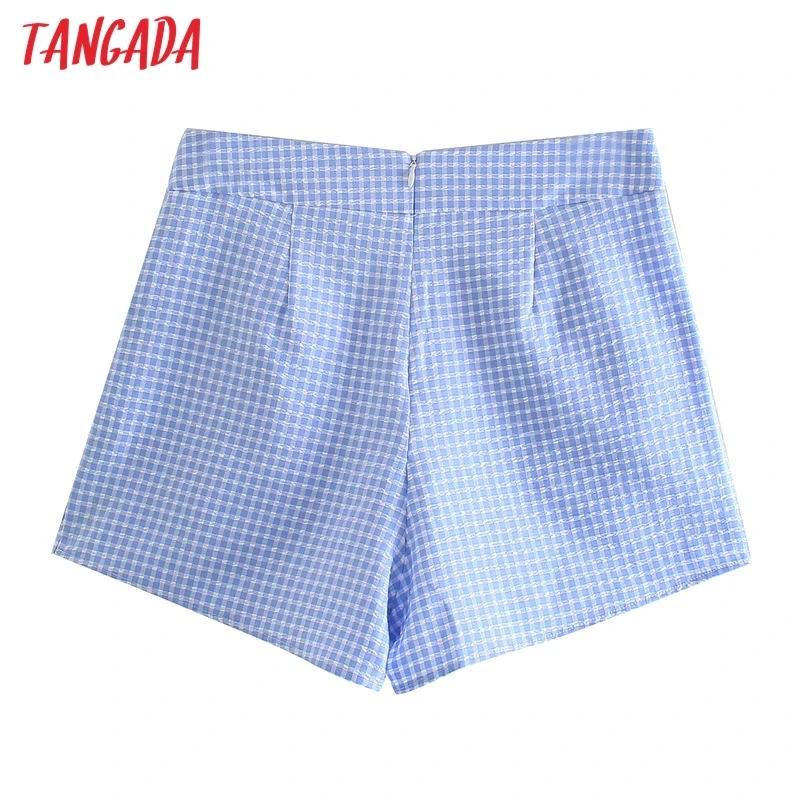 

Tangada 2021 Summer Women Elegant Blue Plaid Skirt Shorts Back Zipper Pockets Beach Shorts Pantalones JE69