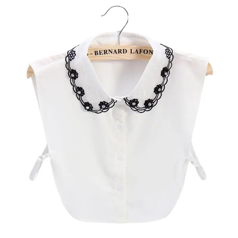 

Women Handmade Faux Crystal Flower Beaded Lapel Fake Collar Hollow Out Embroidery Sweater Detachable Half-Shirt Blouse