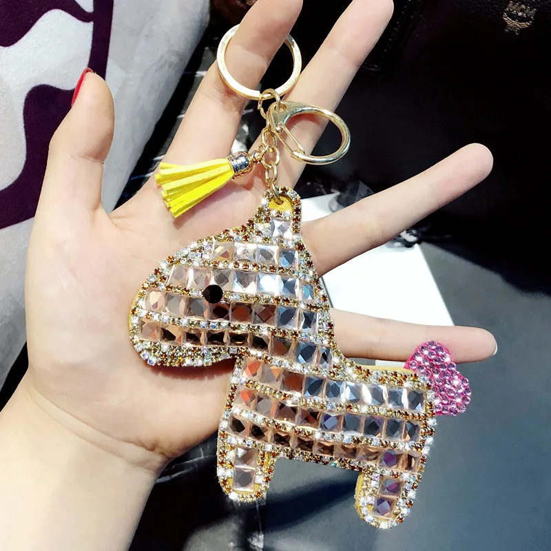 New Fashion Diamond-studded Stay Cute Horse Keychain Cartoon Personality Leather Charm Key Chain Lady Bag Mobile Phone Keychain