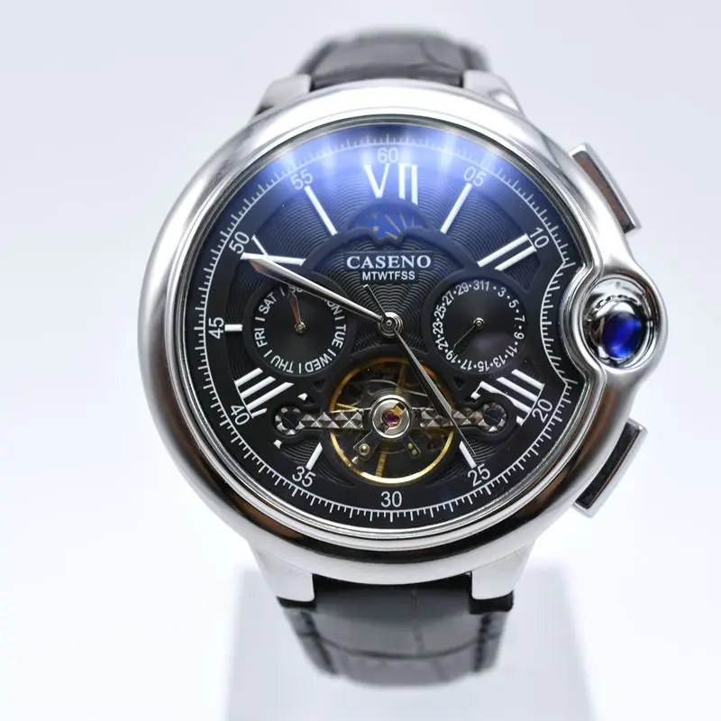 3 CASENO роскошный кожаный ремешок tourbillon Мужские механические часы дропшиппинг день Дата Скелет Золотые часы Мужские автоматические наручные часы - Цвет: 3