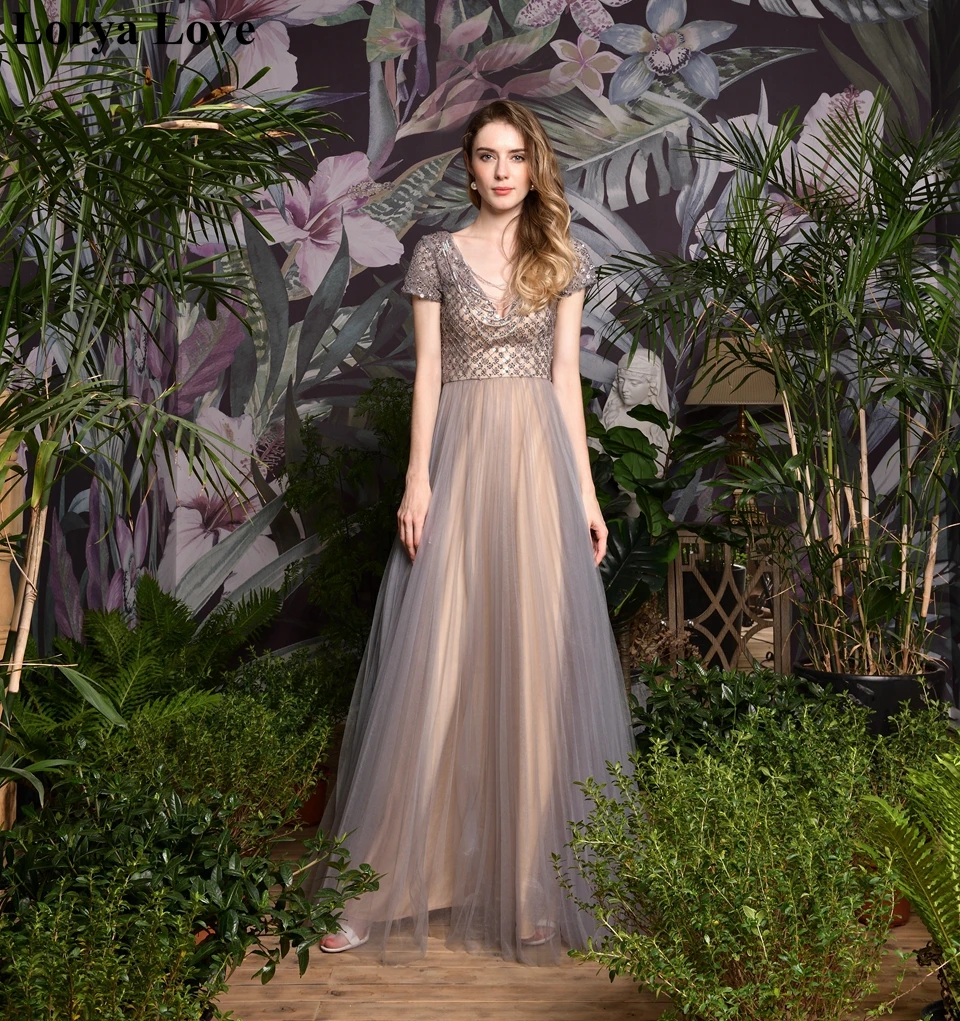

Champagne Gray Prom Dresses 2020 Women V Neck Short Sleeves Luxurious Beading Sequins Robe De Soiree Formal Party Evening Gowns