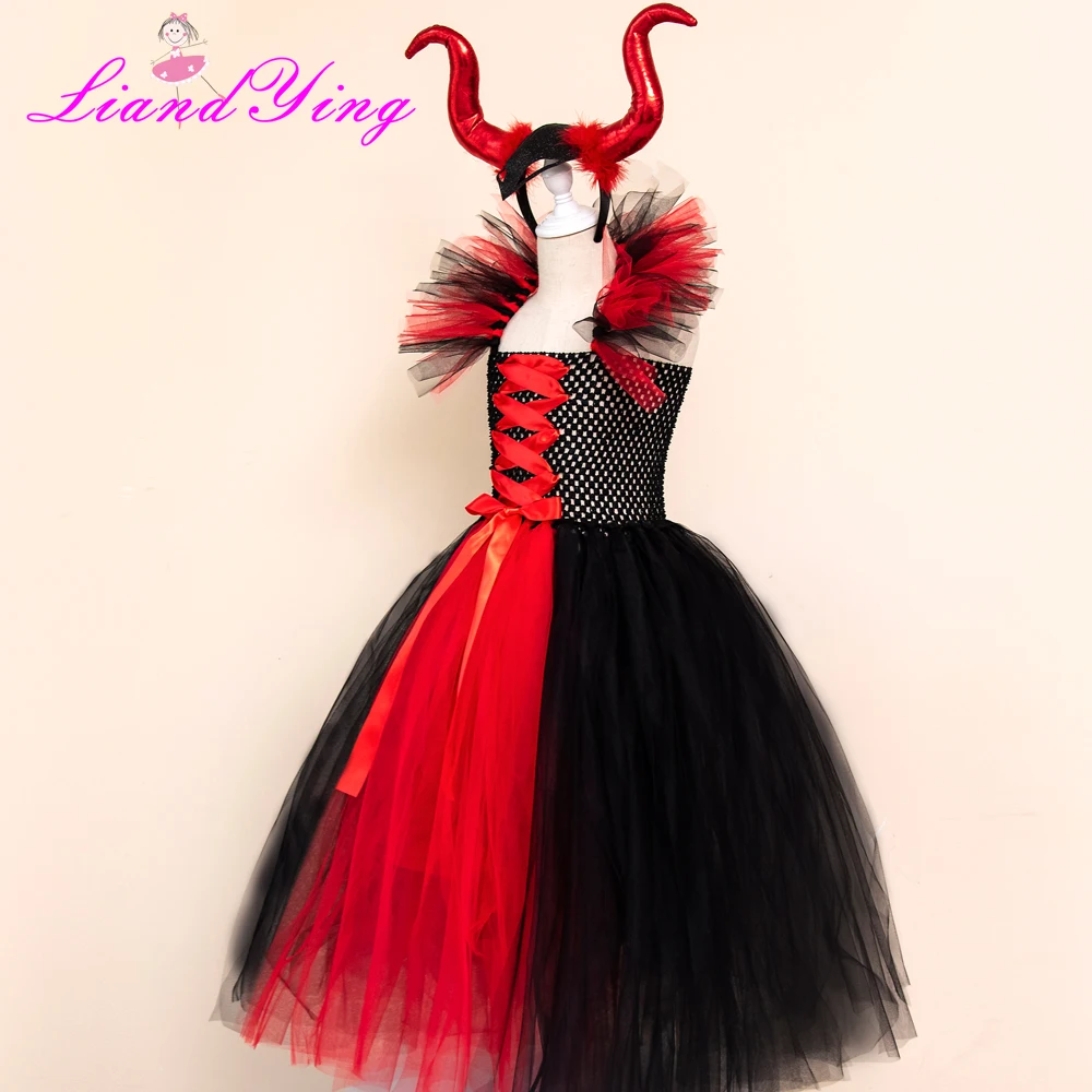 Maleficent/платье-пачка «злая королева» для девочек с рогами, костюм ведьмы для косплея для девочек, детское праздничное платье, детская одежда