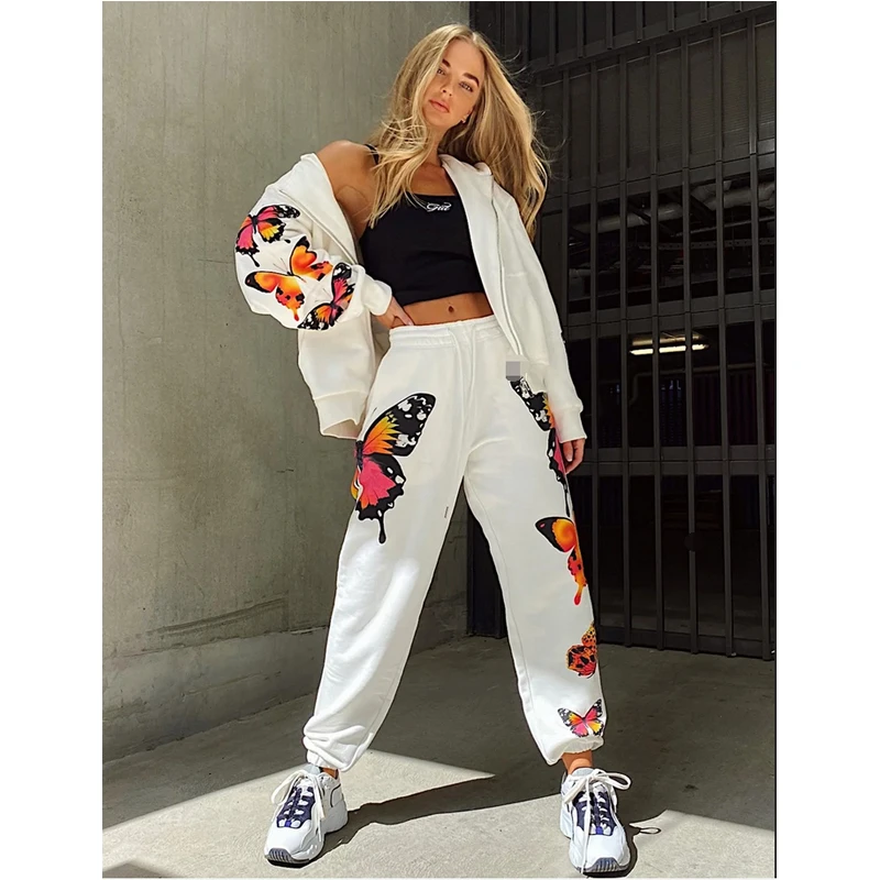 

Women 2pcs Tracksuit 2020 Autumn Casual Butterfly Printed Sport Set Female Clothes Zipper Up Hooded Coats Pants Streetwear