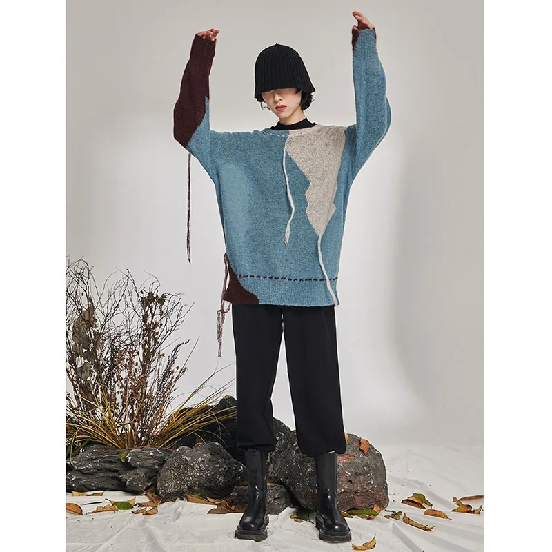 

Loose Knitted Pullover Women's 2020 Autumn Chic All-match Lazy Style Contrast Color Mohair Knitted Female Top Long-sleeved