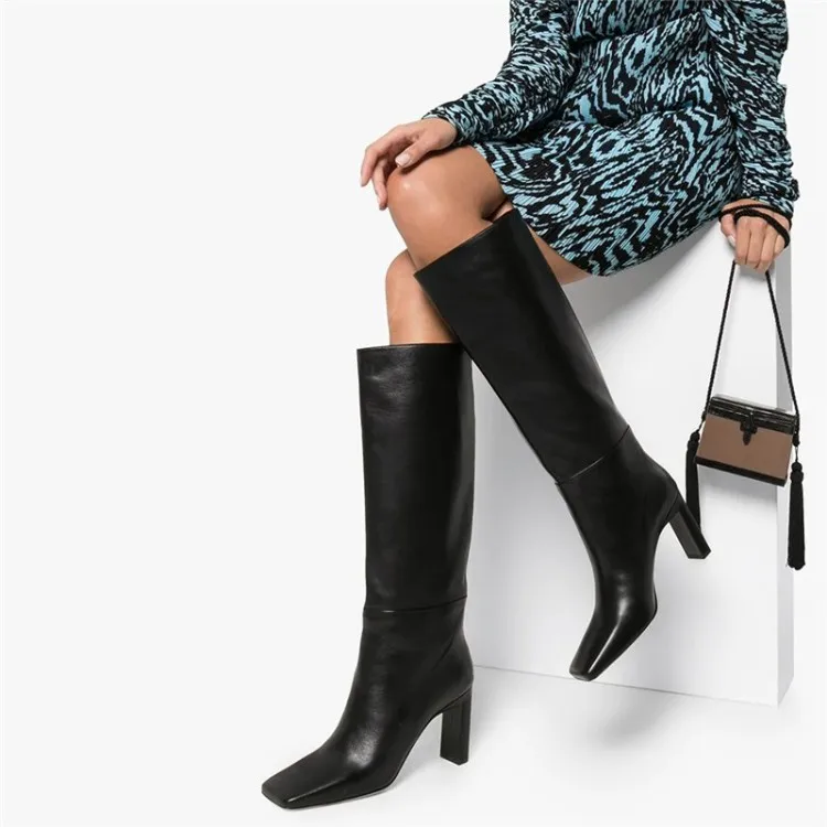

Color Block Square Root Mid-tube Knight Boots Square Toe Stovepipe Mid-tube Women's Boots Heightening Women Shoes