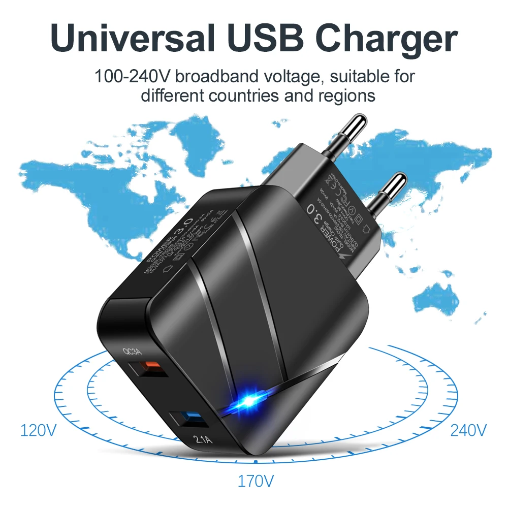 

2 USB Port Universal Adapter QC 3.0 28W USB Charger Adapter 5V 2A Quick Charger Travel Fast Charging Illuminated EU US Wall Plug