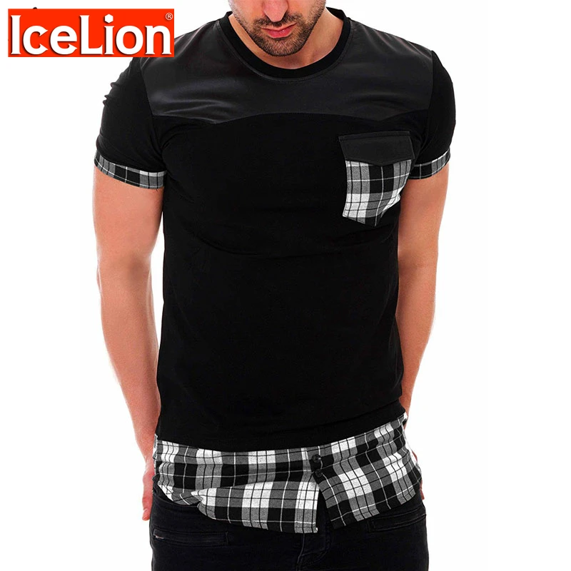IceLion 2021 Summer Plaid Patchwork T Shirt Men Fashion Fake Two Pieces T-shirt Casual Tops Men's Short Sleeve Slim Fit Tshirt | Мужская