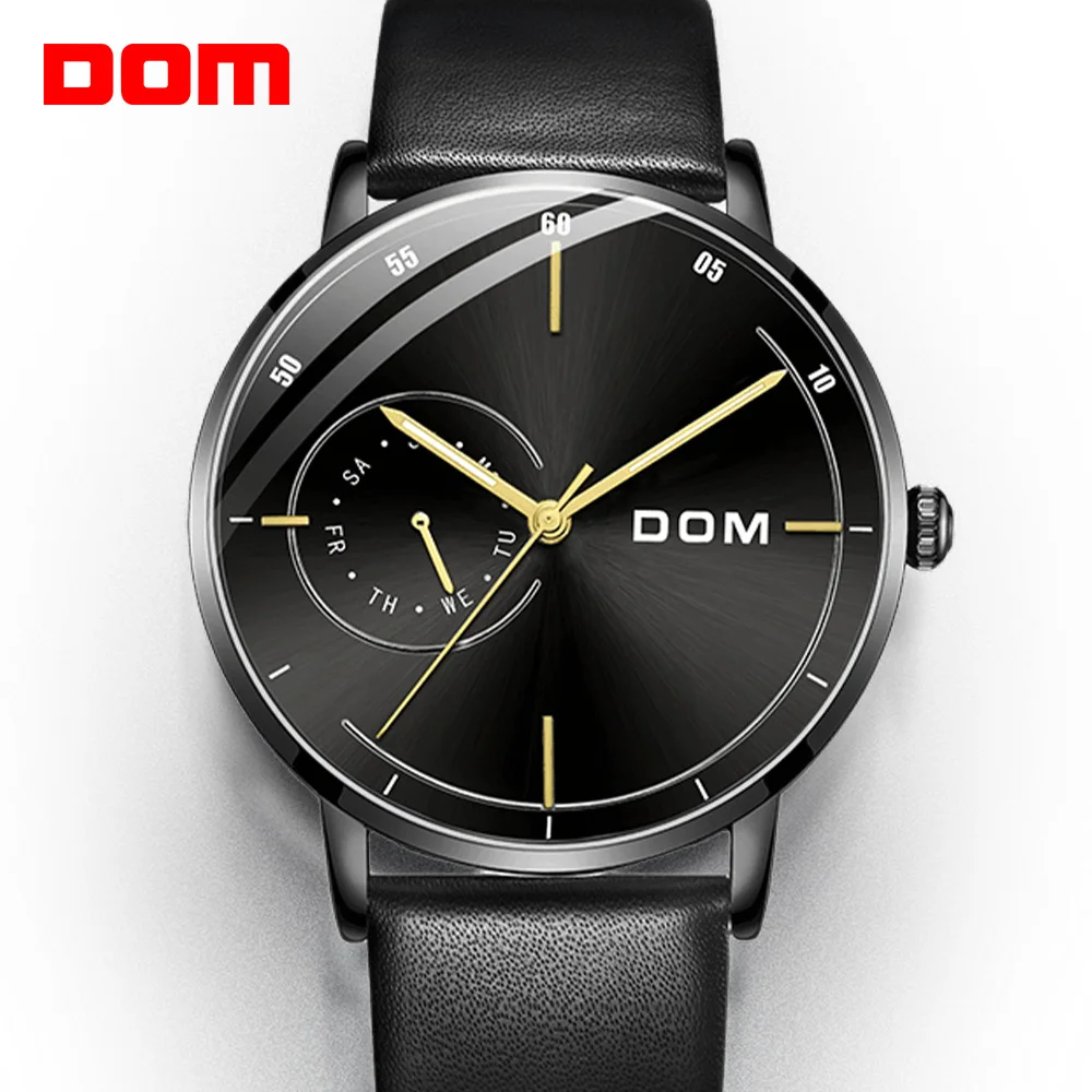 Часы DOM мужские водонепроницаемые из натуральной кожи тонкие