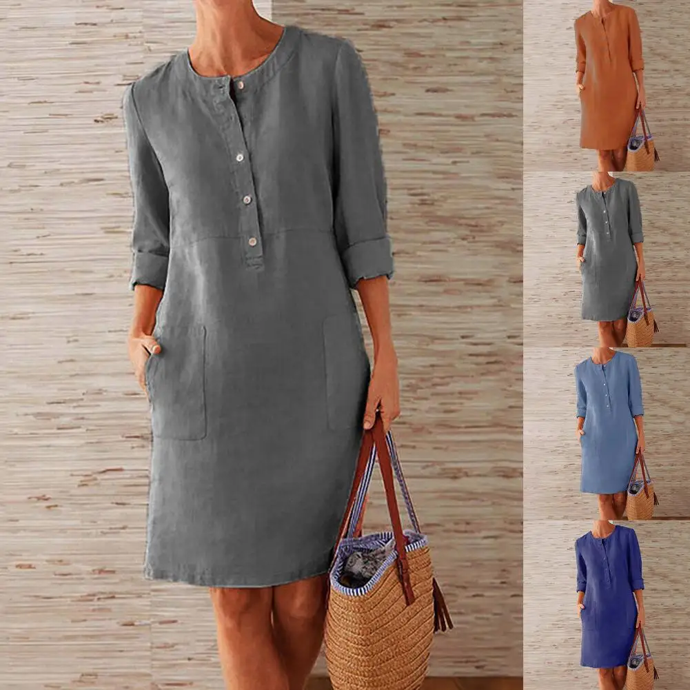 

Casual Summer Dress Long Sleeve Summer Round Neck Long Sleeve Buttons Dress Office Lady Dress Women Dress