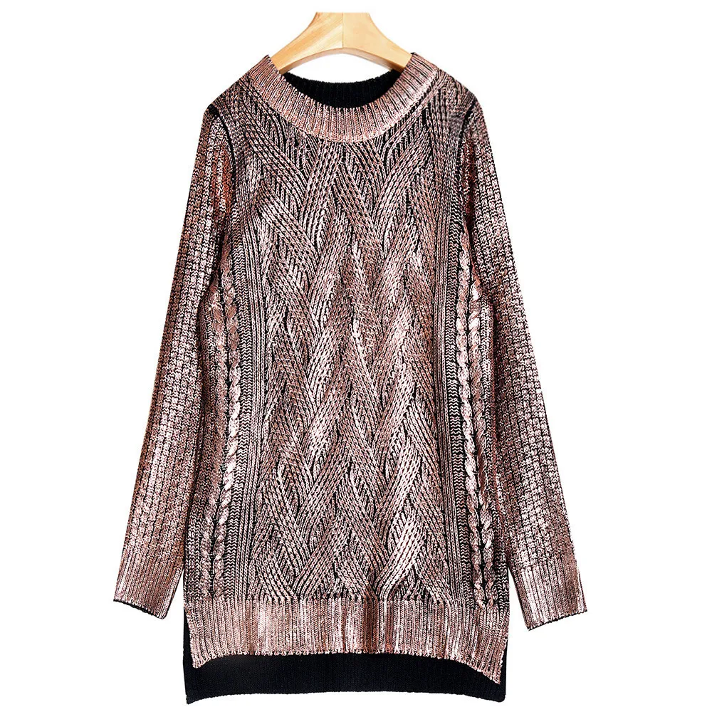 Shinny Bronzing Glitter Knitwear Ladies Gold Silver Round Neck Sweaters Casual Women Pullovers | Женская одежда