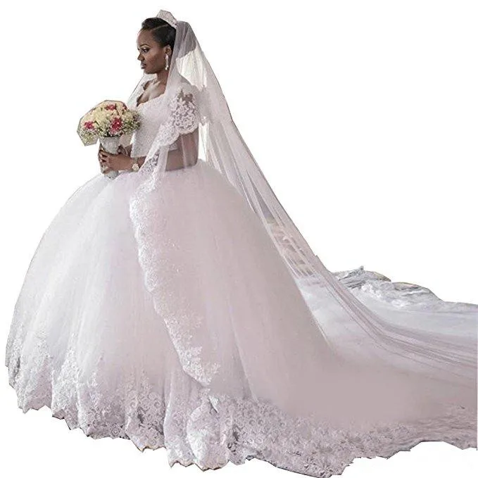 

Скромное Африканское кружевное бальное платье, свадебные платья 2020, Глубокий V-образный вырез, со шлейфом, Аппликации, Кристальные бусины, а...