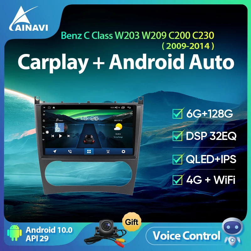 

Ainavi Car Radio Android 10.0 QLED For Mercedes Benz C Class W203 W209 C200 C230 Auto Stereo Multimedia GPS Video Player Carplay