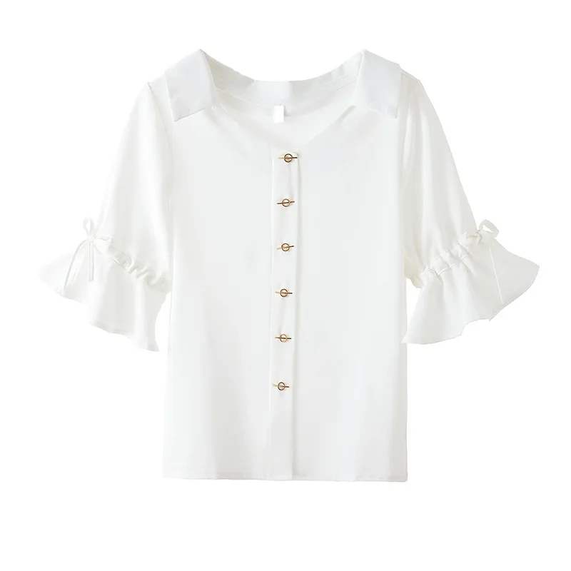 

2021 summer new style v-neck chiffon white shirt trumpet sleeve temperament western style top women