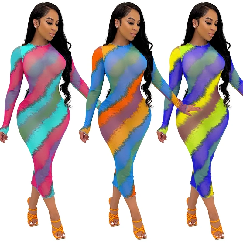 

Sexy Mesh Sheer Striped Midi Dress Long Sleeve Bodycon Birthday Clubwear Outfits for Women Skinny Night Party Dresses