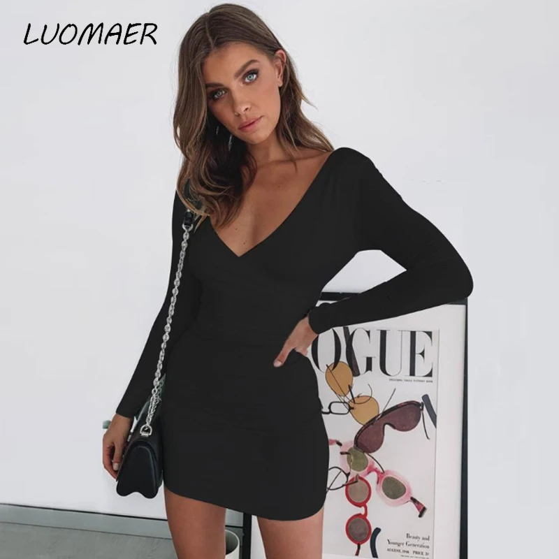 Женское Клубное платье Luomaer однотонное облегающее с глубоким вырезом и длинным