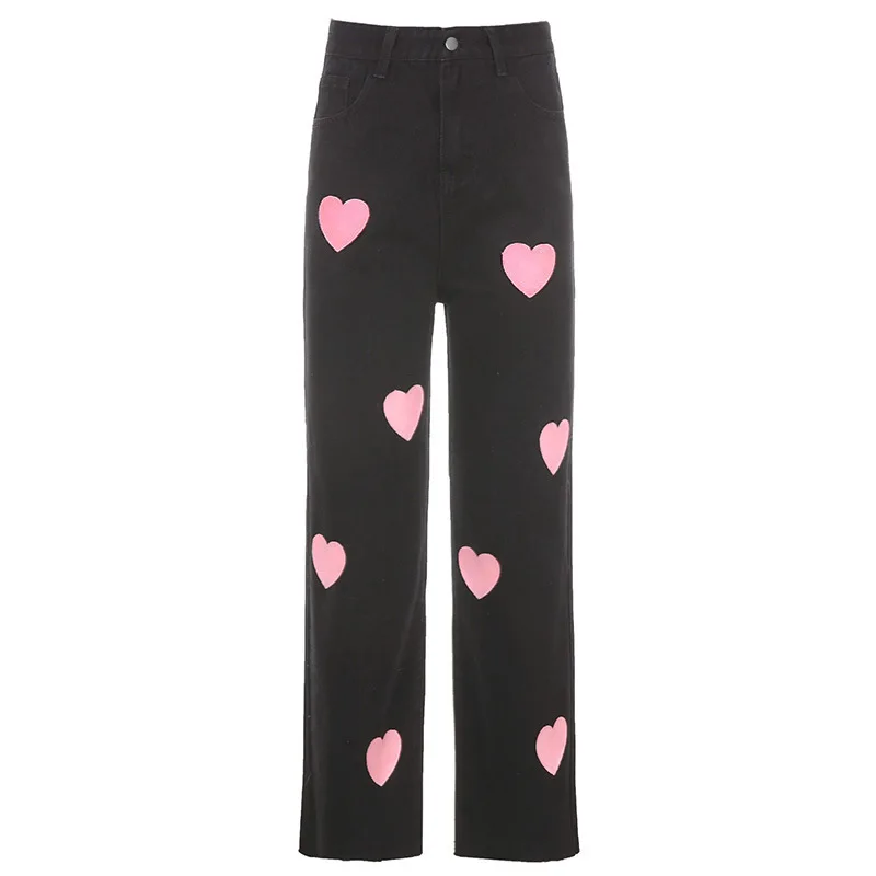 

Sweet Heart Printing Loosed High Waist Jeans for Women Y2K Cute Wide Leg Black Pant Autumn Streetwear 90s Trouser