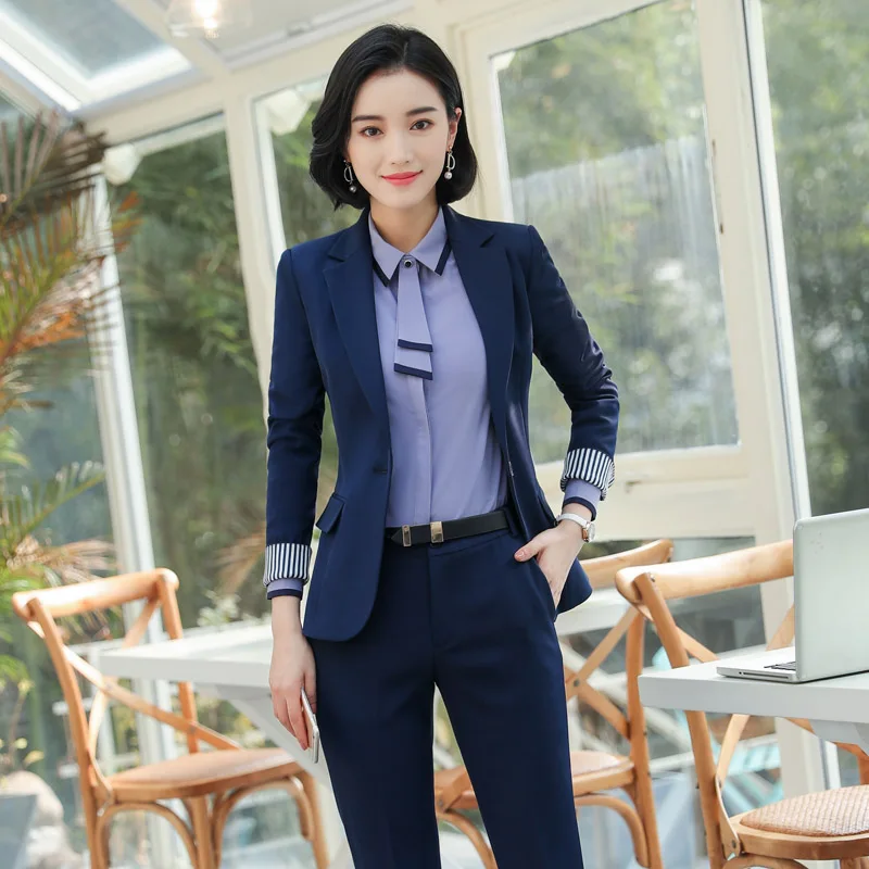 IZICFLY Spring Autumn Style Blue Uniform Business Suits with Trouser Elegant Slim Office Blazer Set For Women Work Wear-Thick