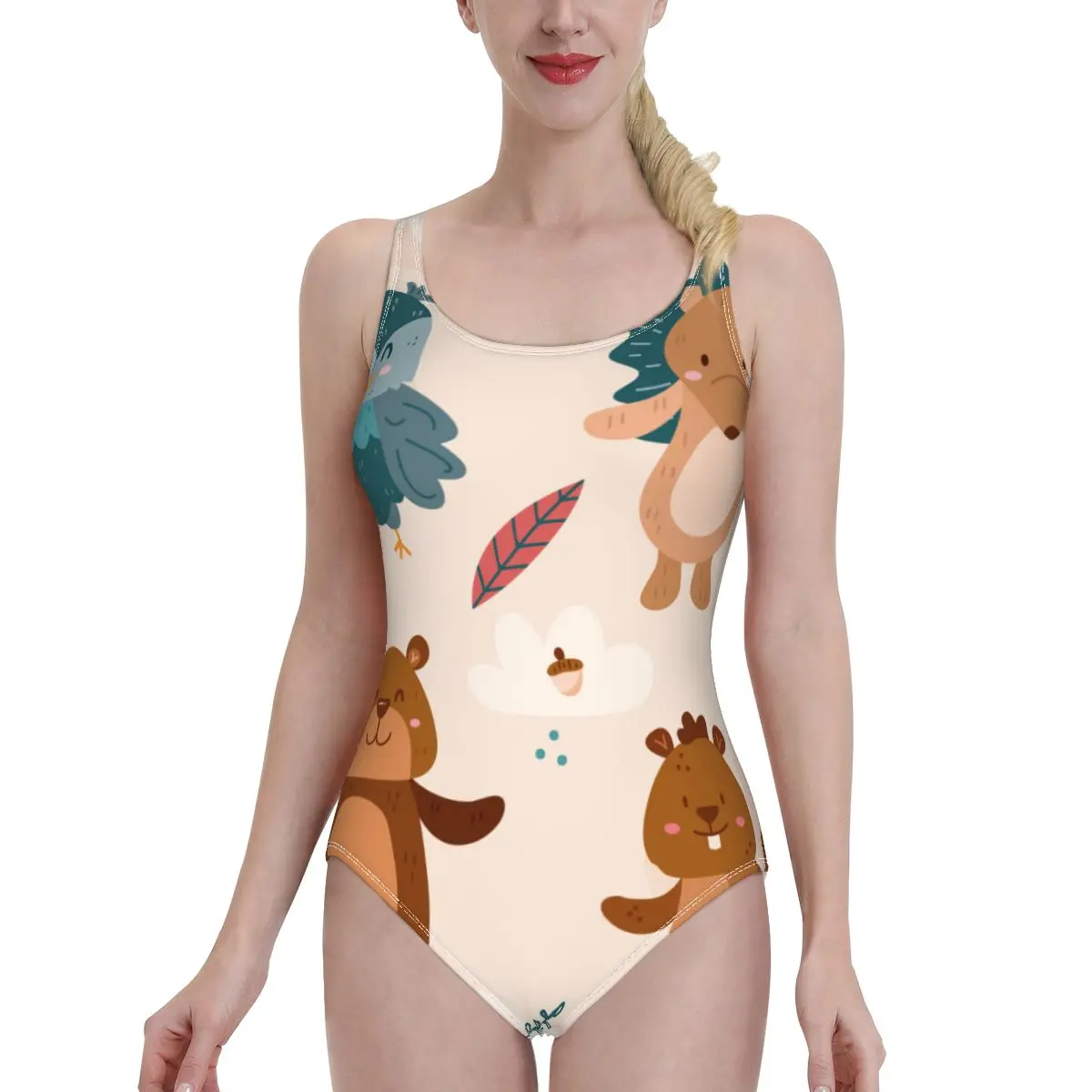 

2021 Swimwear One Piece Swimsuit Women Backless Monokini Autumn Forest Animals Swimsuit Sport Bodysuit Beach Bathing Suit Swim