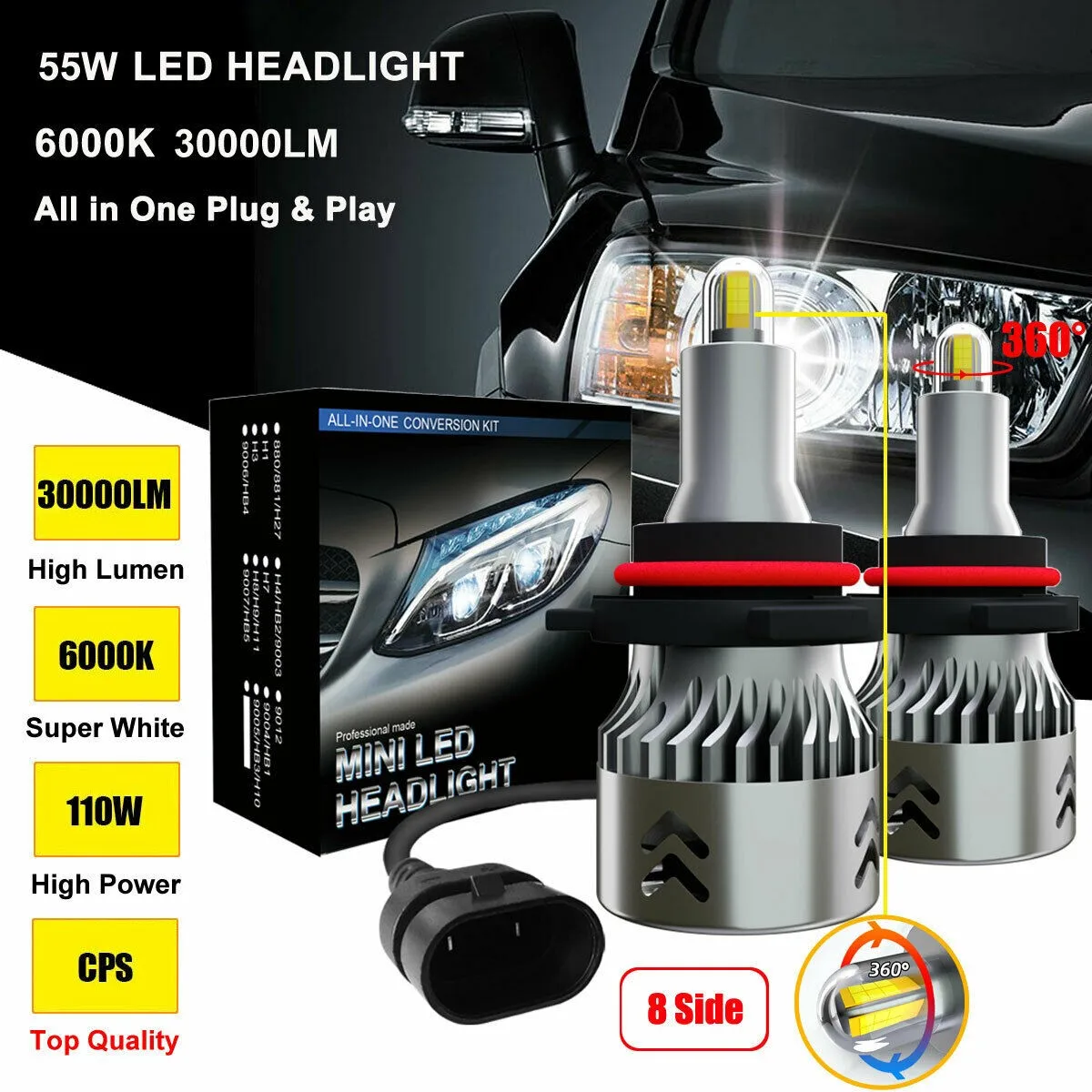 

Kit LED Headlight Lamp Plug & Play SUV Bright IP68 Waterproof Truck 2 Pcs 30000LM