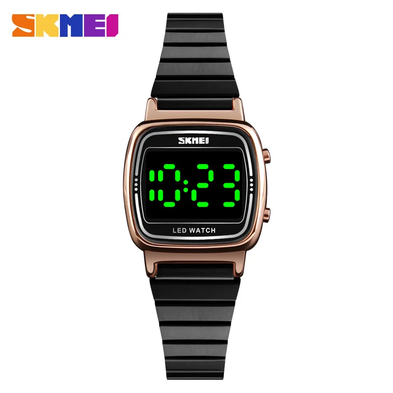 Black gold SKMEI Ultra Thin Luxury Women's Silver Stainless Steel Watches Women Fashion LED Digital Dress Business Wrist watch Reloj Mujer - Цвет: Black gold