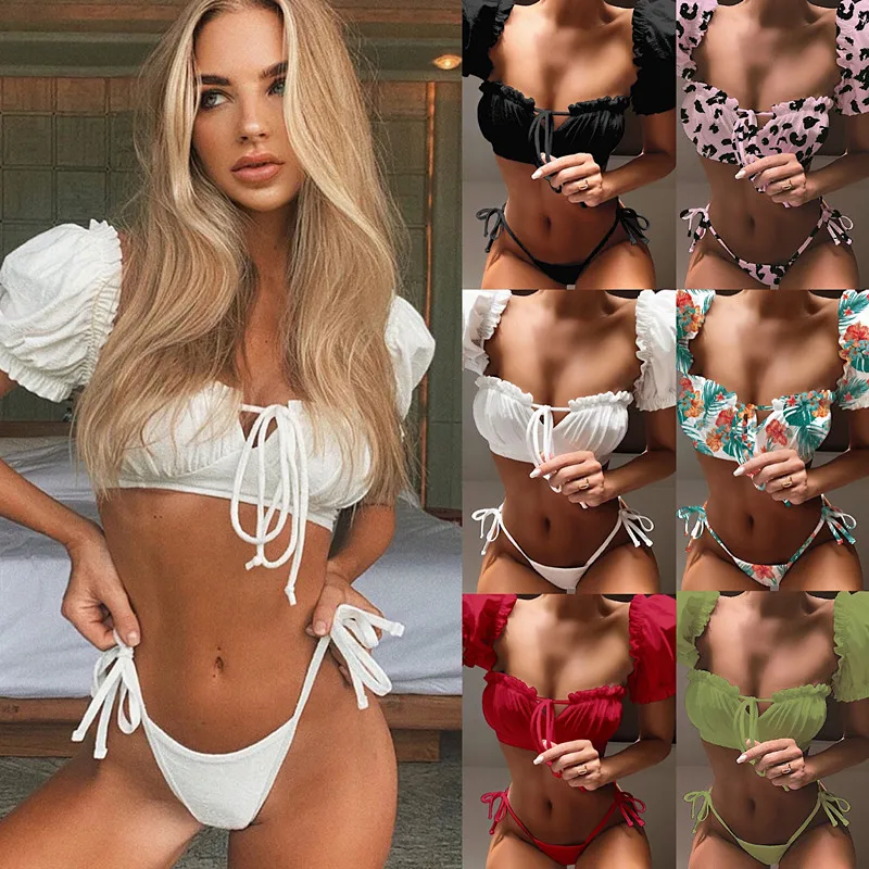 

2019 Hot-selling Ruffles Bikini Solid Color Bikinis Women Swimwear Sexy Biquini Swim Suit Bandage Swimsuit Bikini