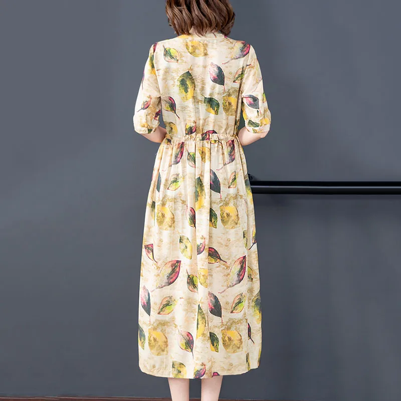 

Bonnie Thea women Summer cotton casual Printed dress lady Large size loose waist long dress female fashion dresses Vestidos