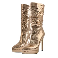 richealnana mid culf gold shinning boots platform snakeskin high heels pointed toe side zip fashion woman shoes large size us15