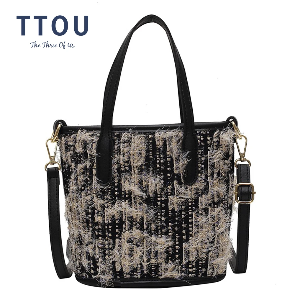 

2021 New Fashion Large Woolen Bucket Tote Bags Women Retro Elegant Handbags Casual Shoulder Messenger Bags Ladies PU Purse