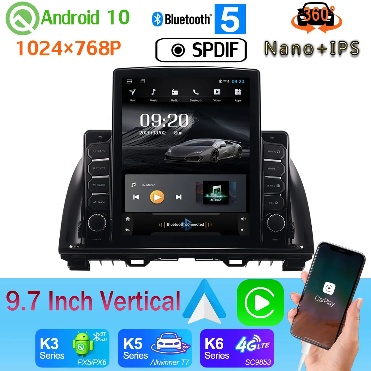 9 7 &quotвертикальный автомобильный медиа плеер GPS CarPlay SPDIF 4G WiFi Android 10 360 камера радио