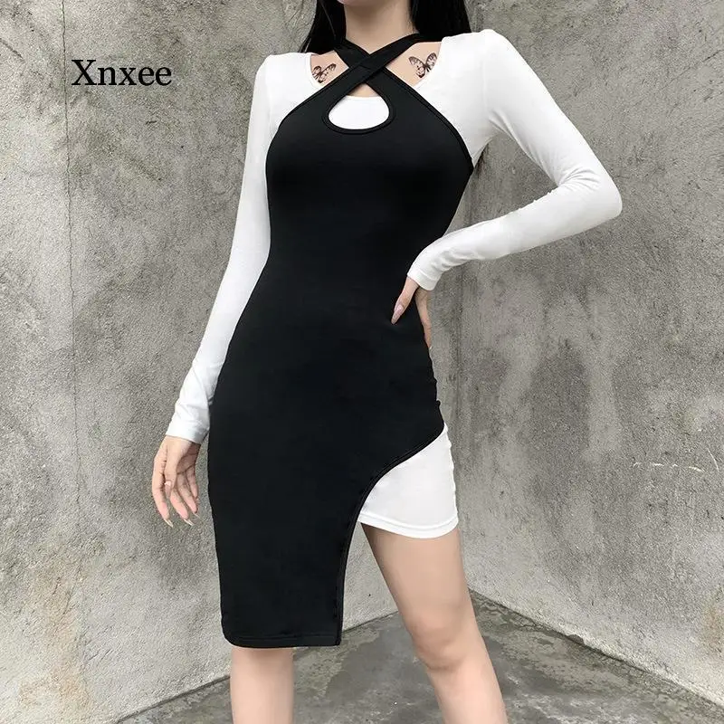

Fashion Casual Solid Dress Two Piece Set Women Slim Long Sleeve Mini Dress and Dark Halter Bodycon Irregular Dress Set