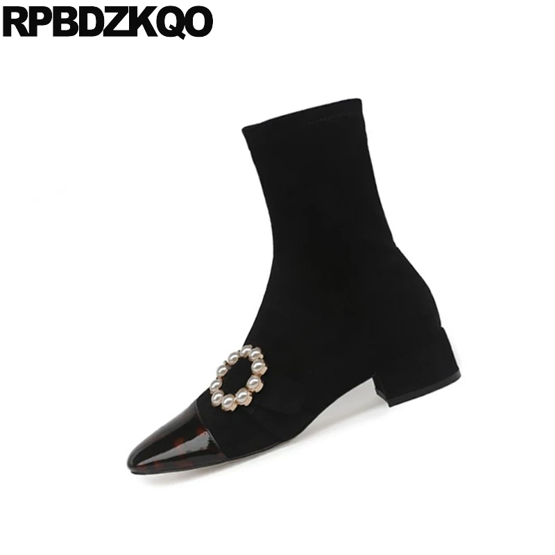 Square Toe Black Japanese Suede Patent Leather Brand Women Winter Boots Genuine Chunky Warm Cheetah Ankle Pearl Fur Block Shoes | Обувь