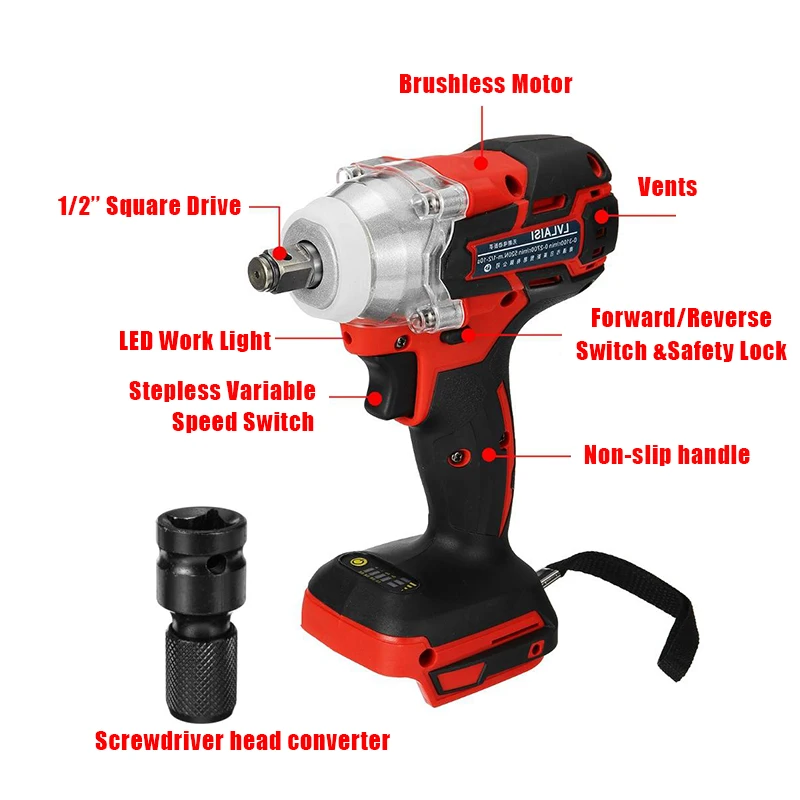 

1/2'' Brushless Electric Impact Wrench 18V 520N.m. Li-Ion Cordless Impact Wrench Driver Replacement For Makita 18V Battery