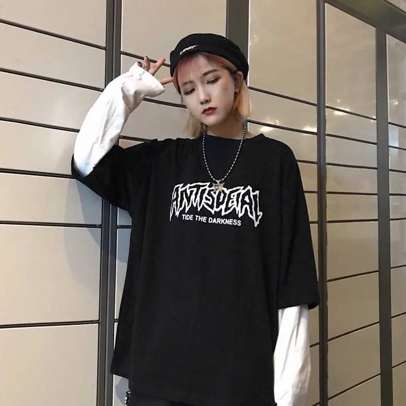 31684black NiceMix Harajuku футболка женская поддельная 2 шт. принт японский Fujiang Ужасы комиксы длинный рукав рубашка Женская Vetement Femme - Цвет: 31684black