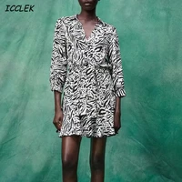 za womens dresses lace up mini dress leopard vestidos mujer long sleeves robe femme vintage sexy animal printed fashion holiday