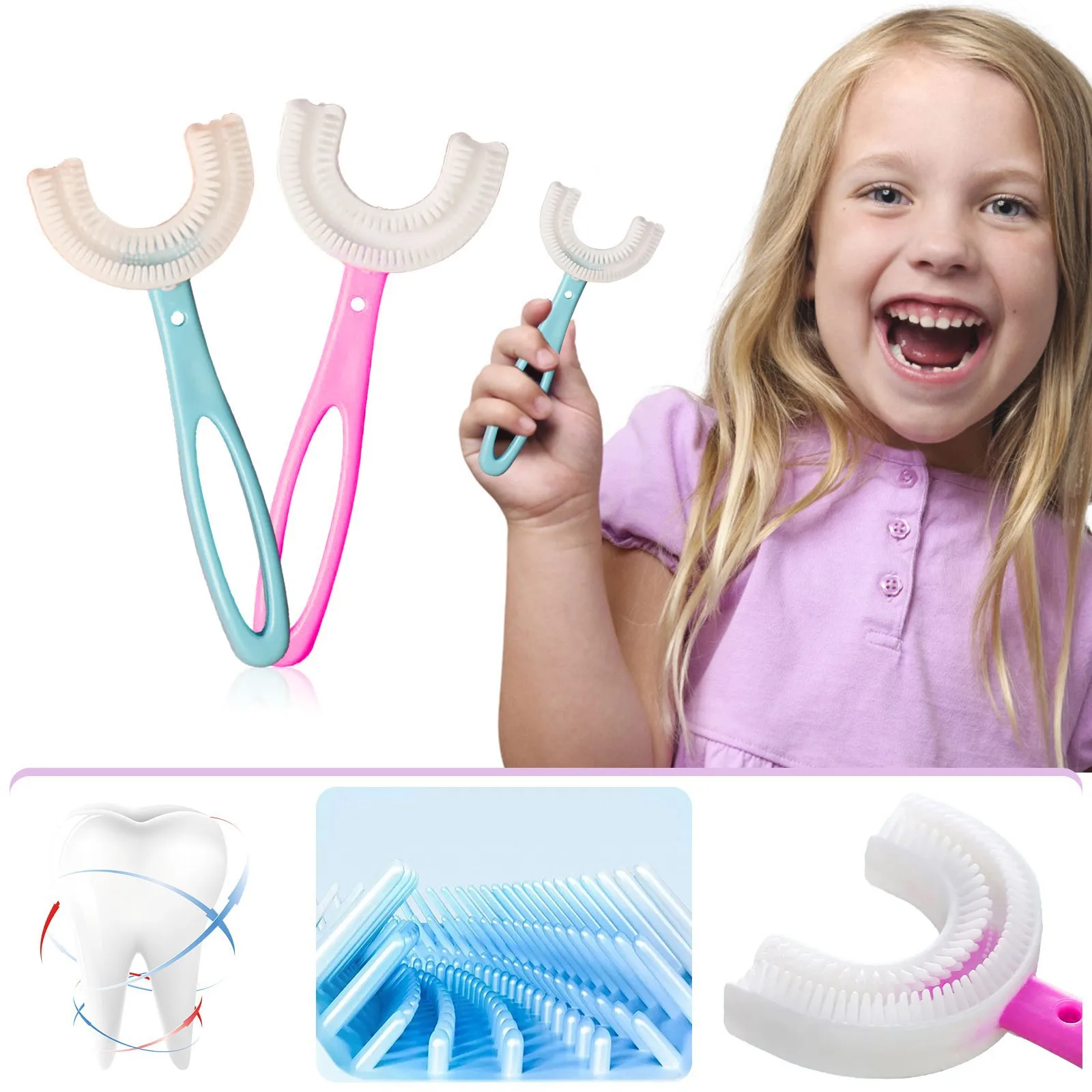 

With Handle Silicone Children 2-12 Years Old Kids Toothbrushes Oral Care U-shape Toothbrushes Teeth Cleaning Brushes Care