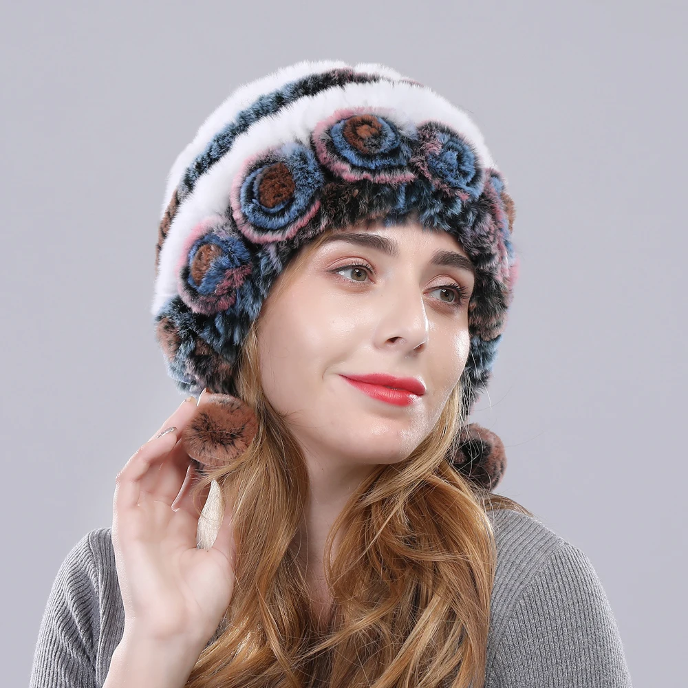 Hot Sale Elastic Knitted Real Rex Rabbit Fur Hat Women Winter Genuine Natural Fashion Cap | Аксессуары для одежды