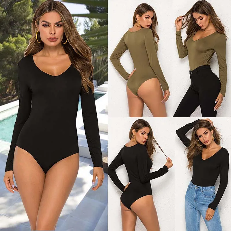 

New Women Long Sleeve V Neck Bodysuits Jumpsuit Leotard Tops Stretch Solid Casual Body Femme Fall Winter Womens Clubwear
