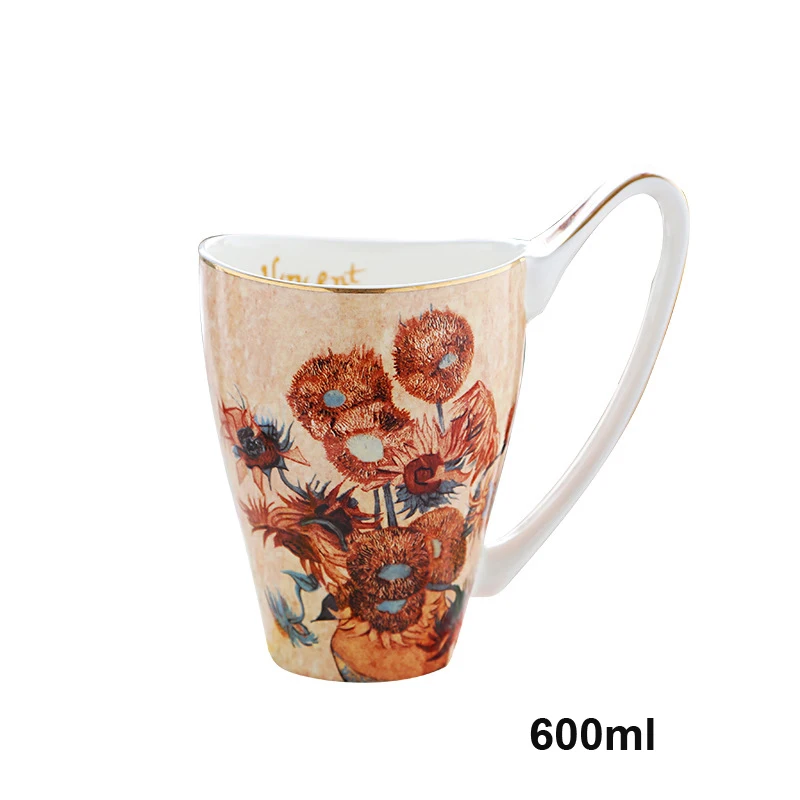 

600ml Large Porcelain Mugs With Big Handle Famous Painting Design Bone China Cups For Coffee Tea Water Europe Kitchen Home Decor