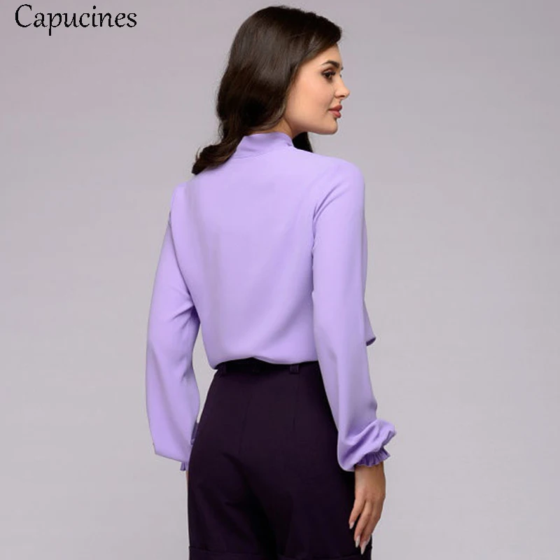 Capucines элегантный Галстук-бабочка Рубашка Блузка женская Офисная леди Шифоновые рубашки весна осень Сплошной цвет Длинный рукав Повседневные блузки Розовые топы для женщин