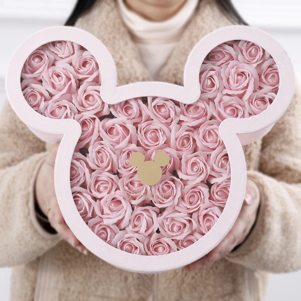 Jab&oacute;n de rosas artificiales con caja de regalo de dibujos animados, cabezas de flores para boda, regalo de cumplea&ntilde;os y San Valent&iacute;n, 42 unids/caja-2