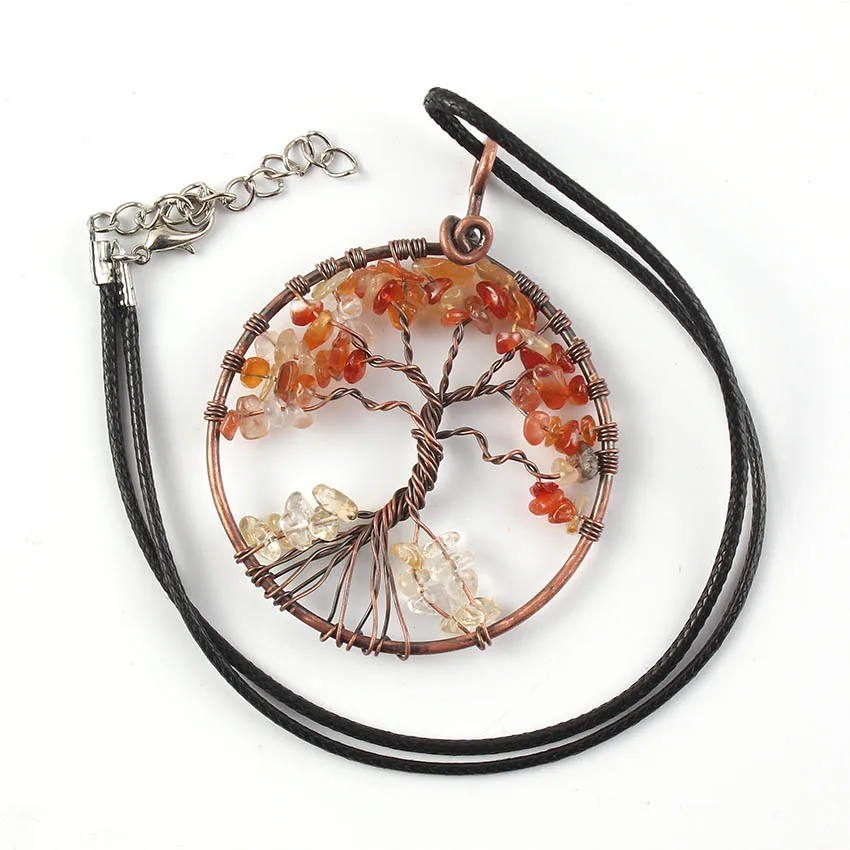 

FYSL Copper Wire Wrap Tree of Life Red Agates Pendant Rope Chain Necklace Green Aventurine Jewelry