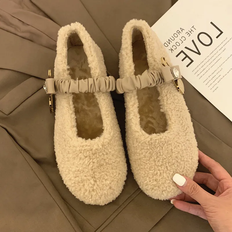 

Lamb Wool Cotton Shoes Women 2021 Autumn Winter New Korean Style Fairy Style Plus Velvet Flat Comfortable Peas Shoes for Women