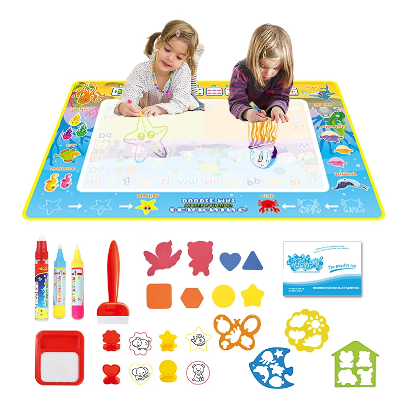 

Kids Magic Water Doodle Mat & Painting Pen Roller Stamp Seal Drawing Set Reusable Coloring Blanket Educational Toys for Children