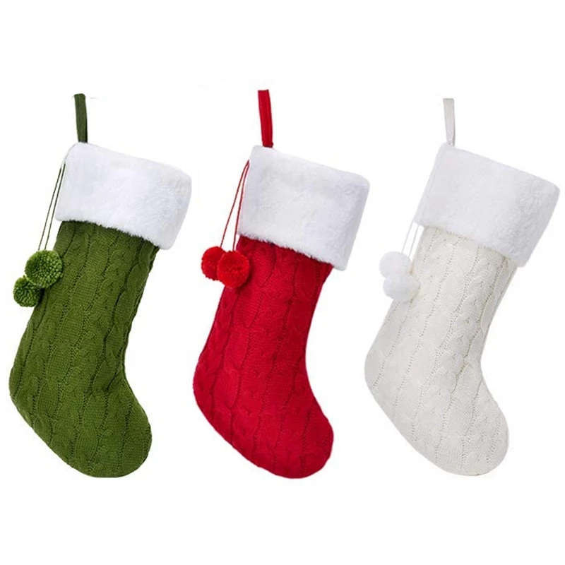 

Вязаные рождественские чулки, плюшевые манжеты из искусственного меха, вязаные рождественские чулки для украшения семейного праздника 2021