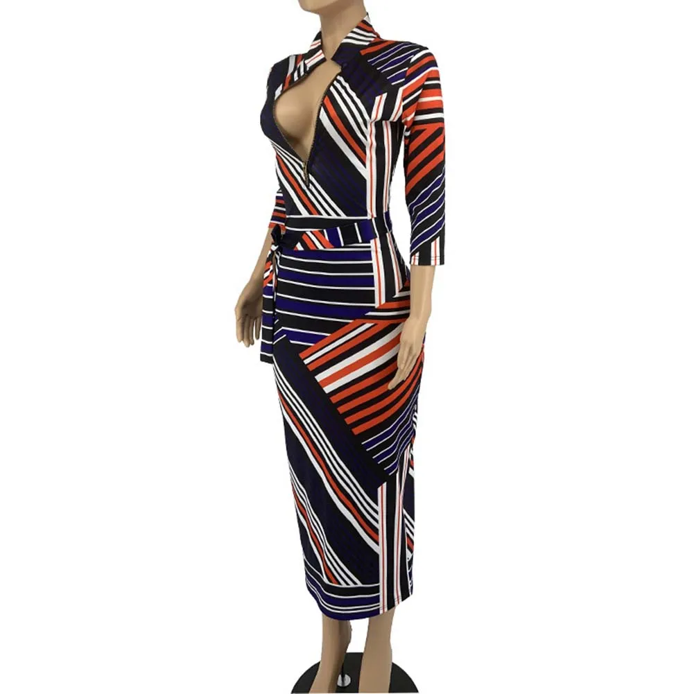 2019 Autumn African Bodycon Dress For Women Dashiki stripe Print Zip Sexy V neck Plus Size Elastic Ankara Slim Clothing | Тематическая